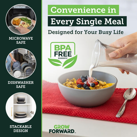 Grow Forward Moonlight stackable dinnerware—compact storage for busy kitchens.