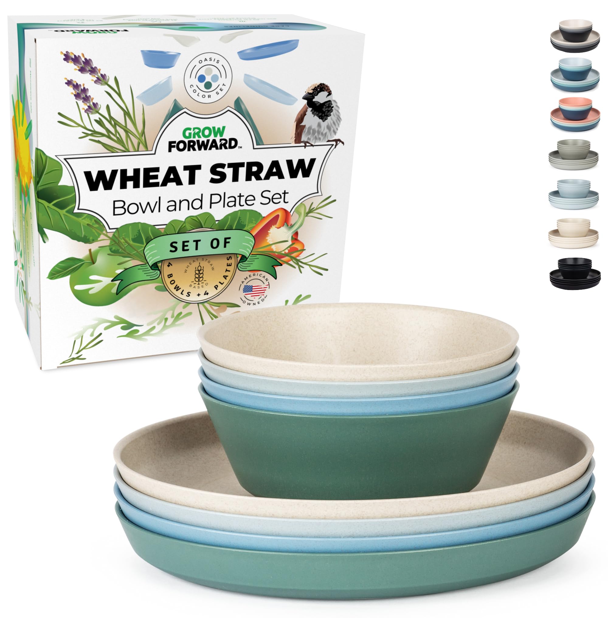 Grow Forward 8-piece wheat straw plates and bowls set shown in vibrant colors for outdoor dining