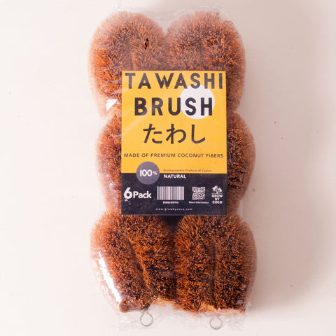 GrowByCoco tawashi brush with natural coconut coir for gentle produce cleaning.