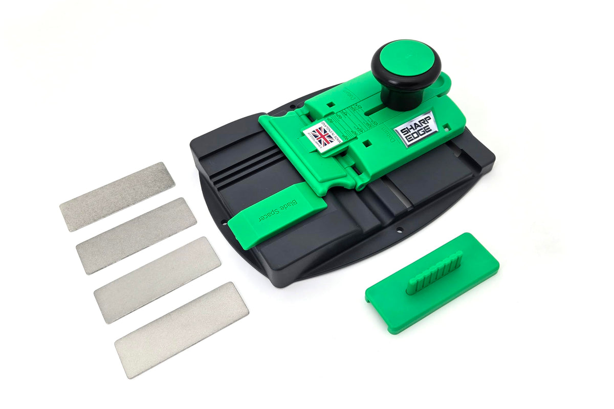 GSHARP Sharp Edge setup image showing quick, precise sharpening for chisels.