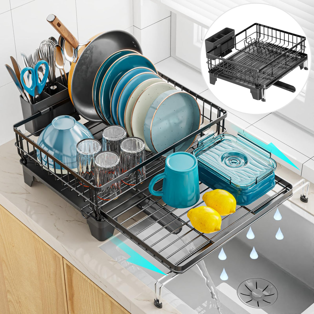 GSlife Extendable Dish Rack fully extended saves counter space for large kitchens