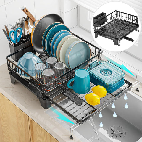 GSlife Extendable Dish Rack fully extended saves counter space for large kitchens