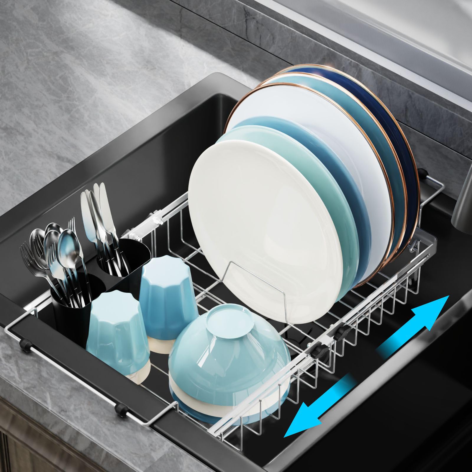 GSlife over-sink dish drainer extendable for space-saving drying in small kitchens.