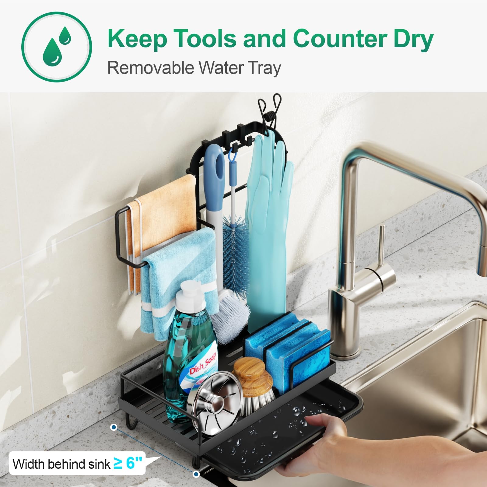 GSlife sink caddy hook area for brushes and cloths.