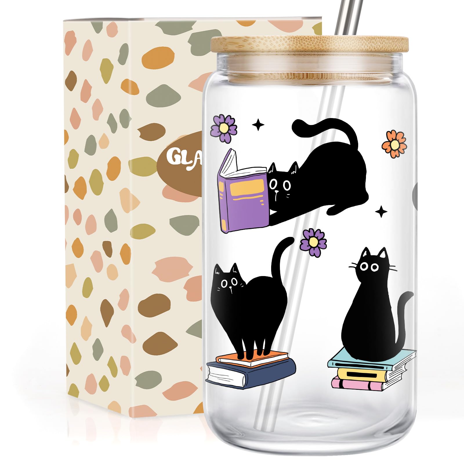 GSPY black cat glass cup 16oz for everyday sipping with cheerful design.