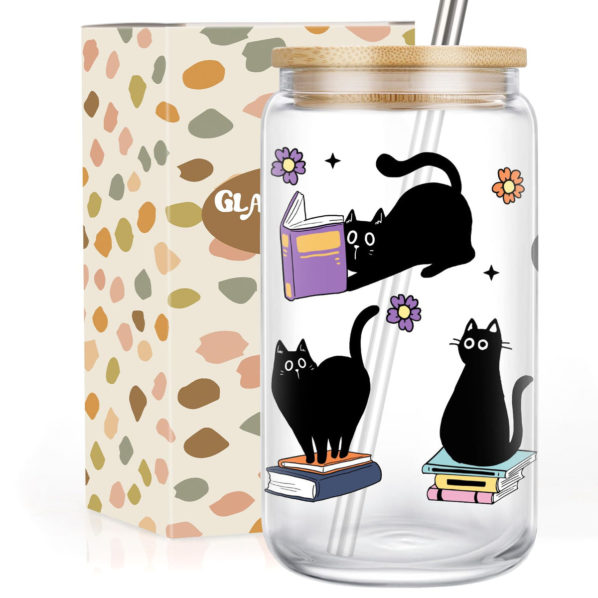 GSPY black cat glass cup 16oz for everyday sipping with cheerful design.