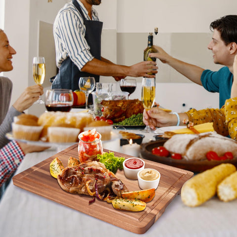 Gtencemen Acacia board features finger grooves for easy lifting and carrying