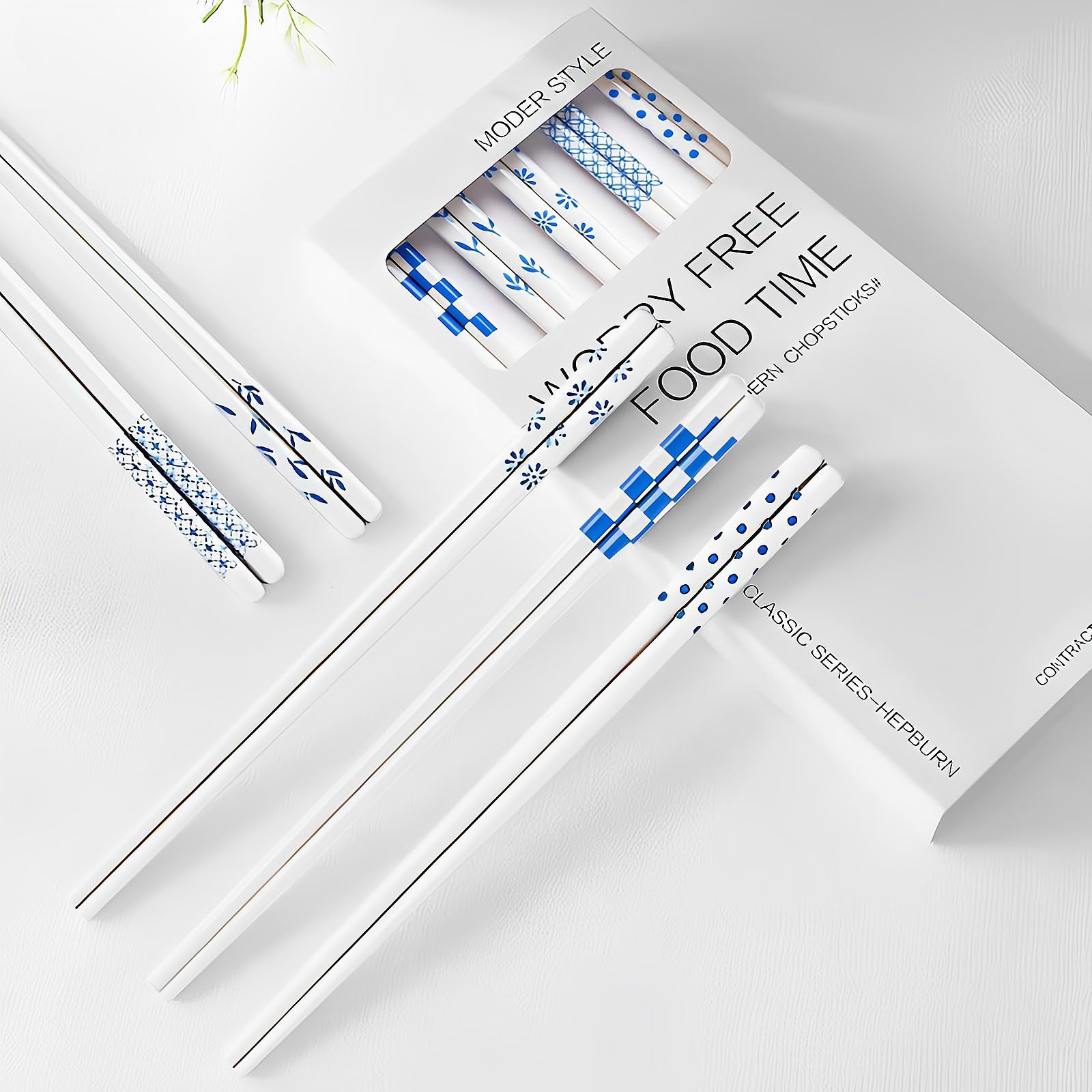 GTIEDIK 5-piece blue porcelain chopsticks in elegant Hepburn style for refined dining