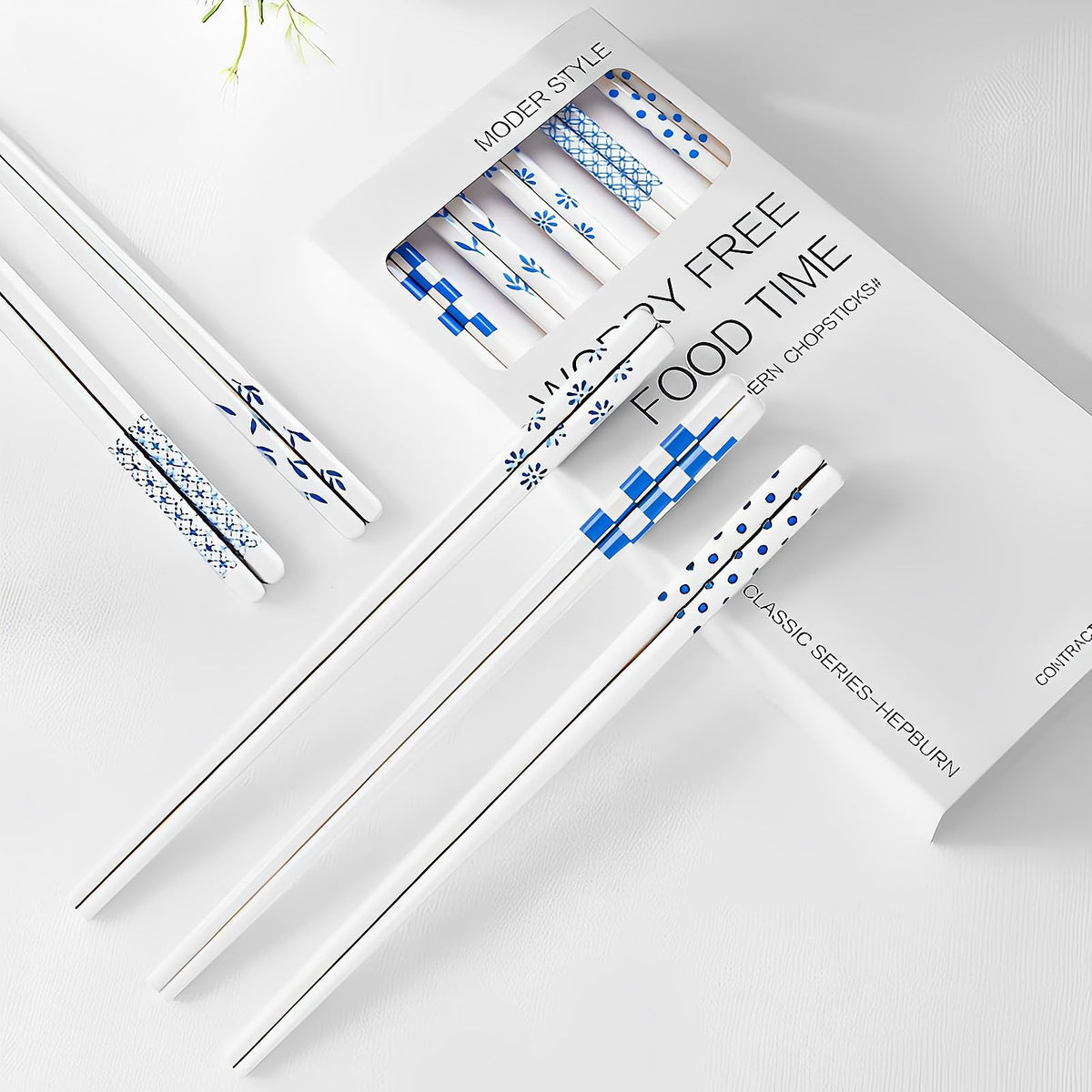 GTIEDIK 5-piece blue porcelain chopsticks in elegant Hepburn style for refined dining