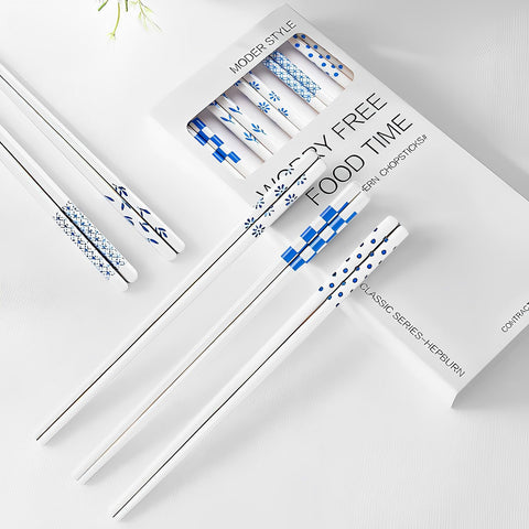 GTIEDIK 5-piece blue porcelain chopsticks in elegant Hepburn style for refined dining