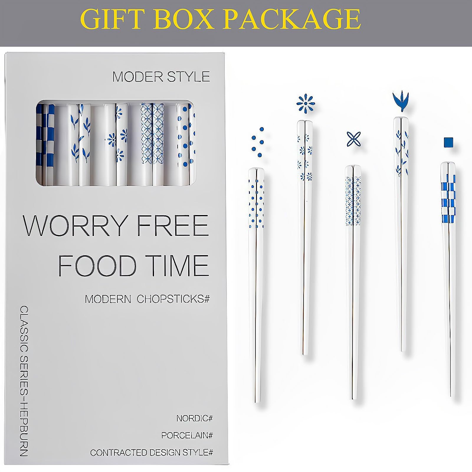 GTIEDIK Hepburn-style blue porcelain chopsticks with smooth glaze