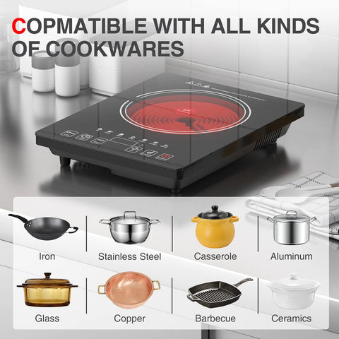 GTKZW Electric Cooktop with cookware demonstrates versatile heating at home.