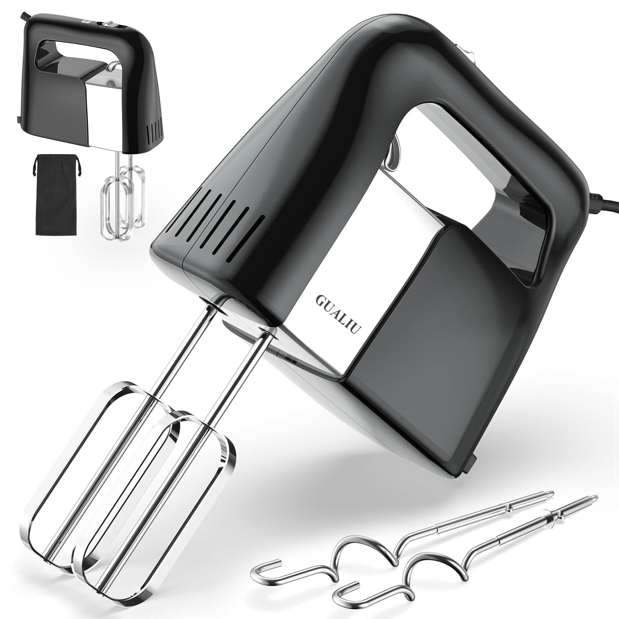 GUALIU 450W hand mixer front view highlighting compact design for easy countertop use