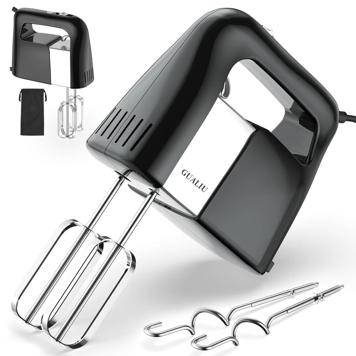 GUALIU 450W hand mixer front view highlighting compact design for easy countertop use