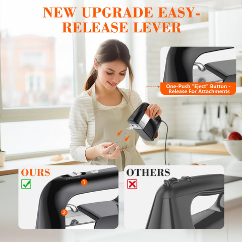 GUALIU 450W hand mixer side view showing slim profile for simple storage