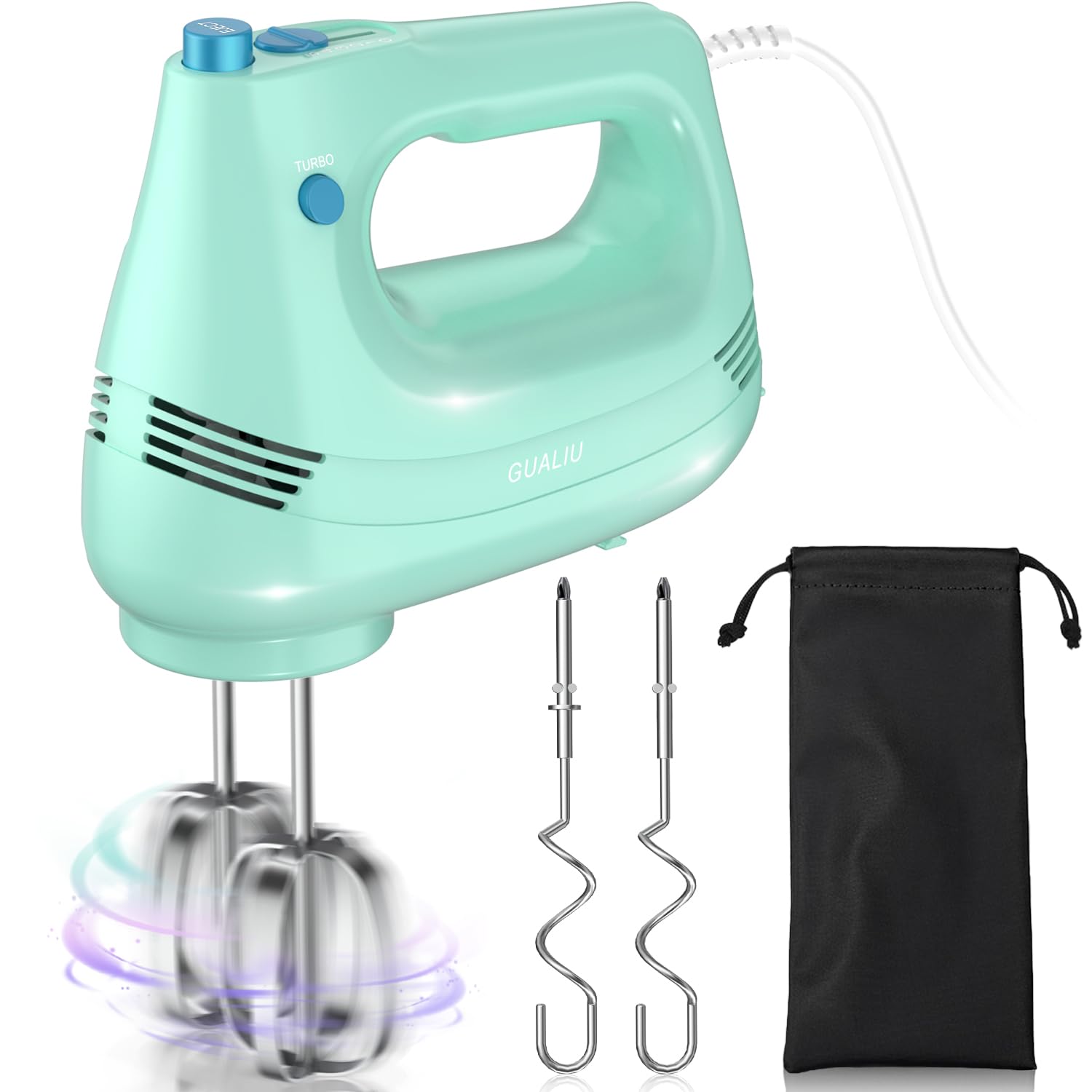GUALIU electric hand mixer with stainless steel whisk for fluffy creams and smooth batters.