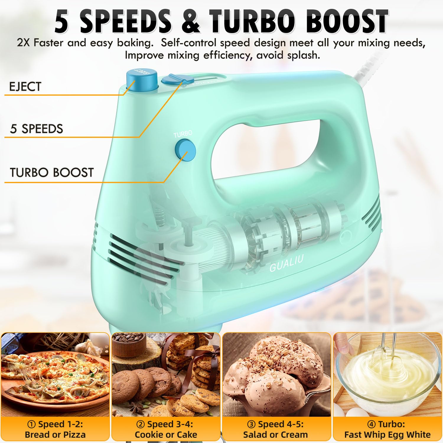 GUALIU turbo boost feature speeds up mixing for quicker prep.