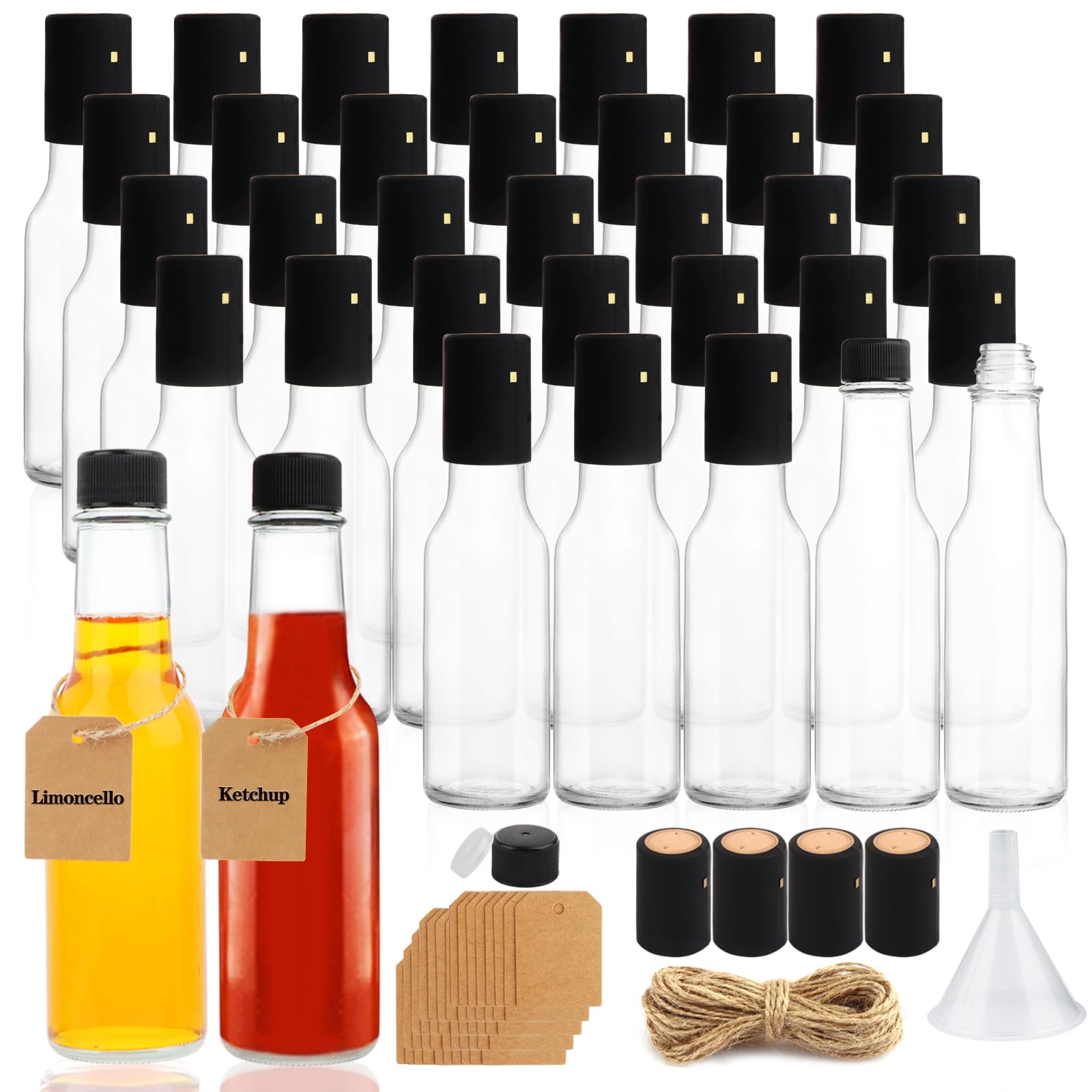 GUANENA 35-pack hot sauce bottles in clear glass for easy content recognition.