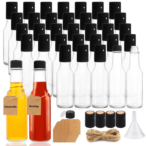 GUANENA 35-pack hot sauce bottles in clear glass for easy content recognition.