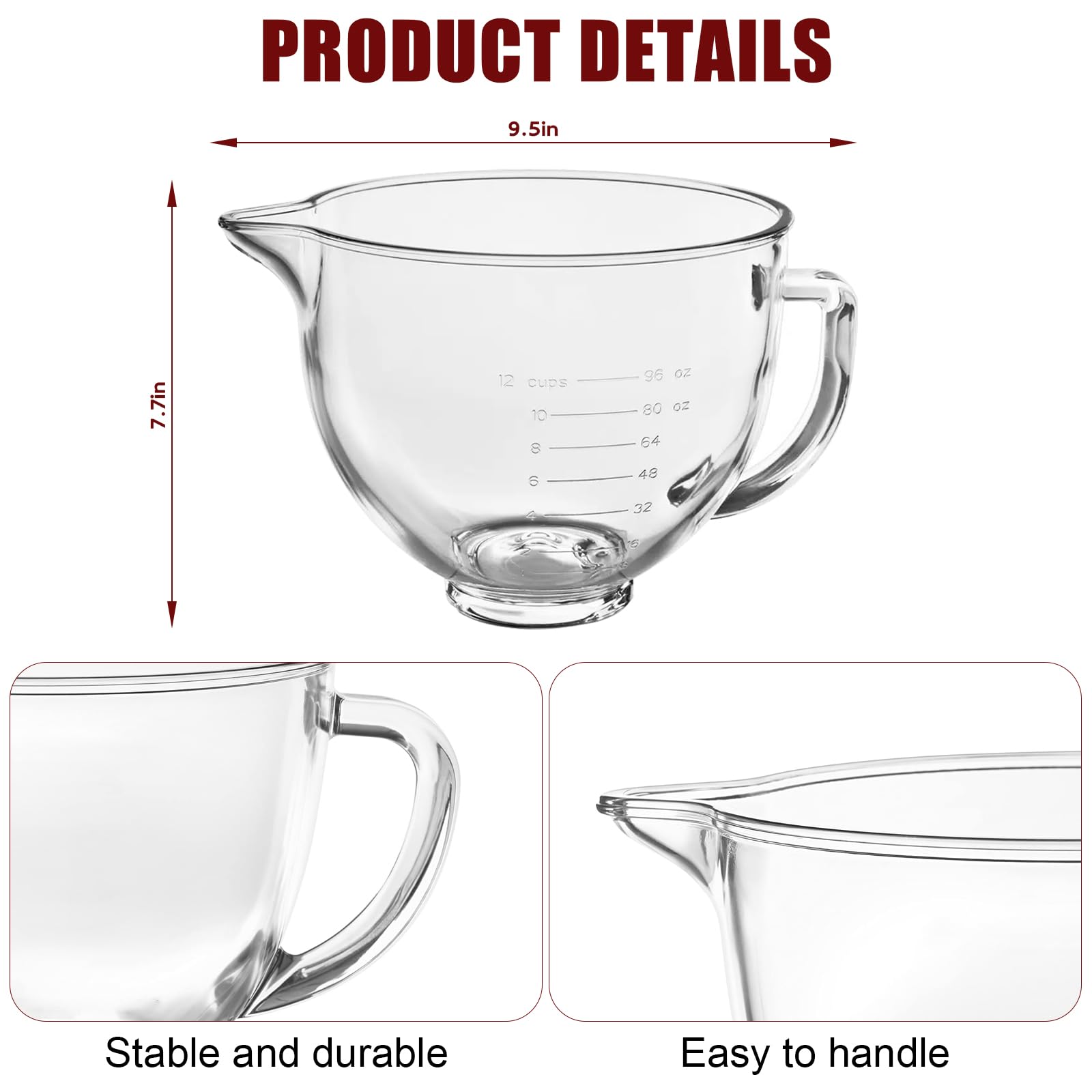 GuanQiao glass mixer bowl with ergonomic handle for easy transport.