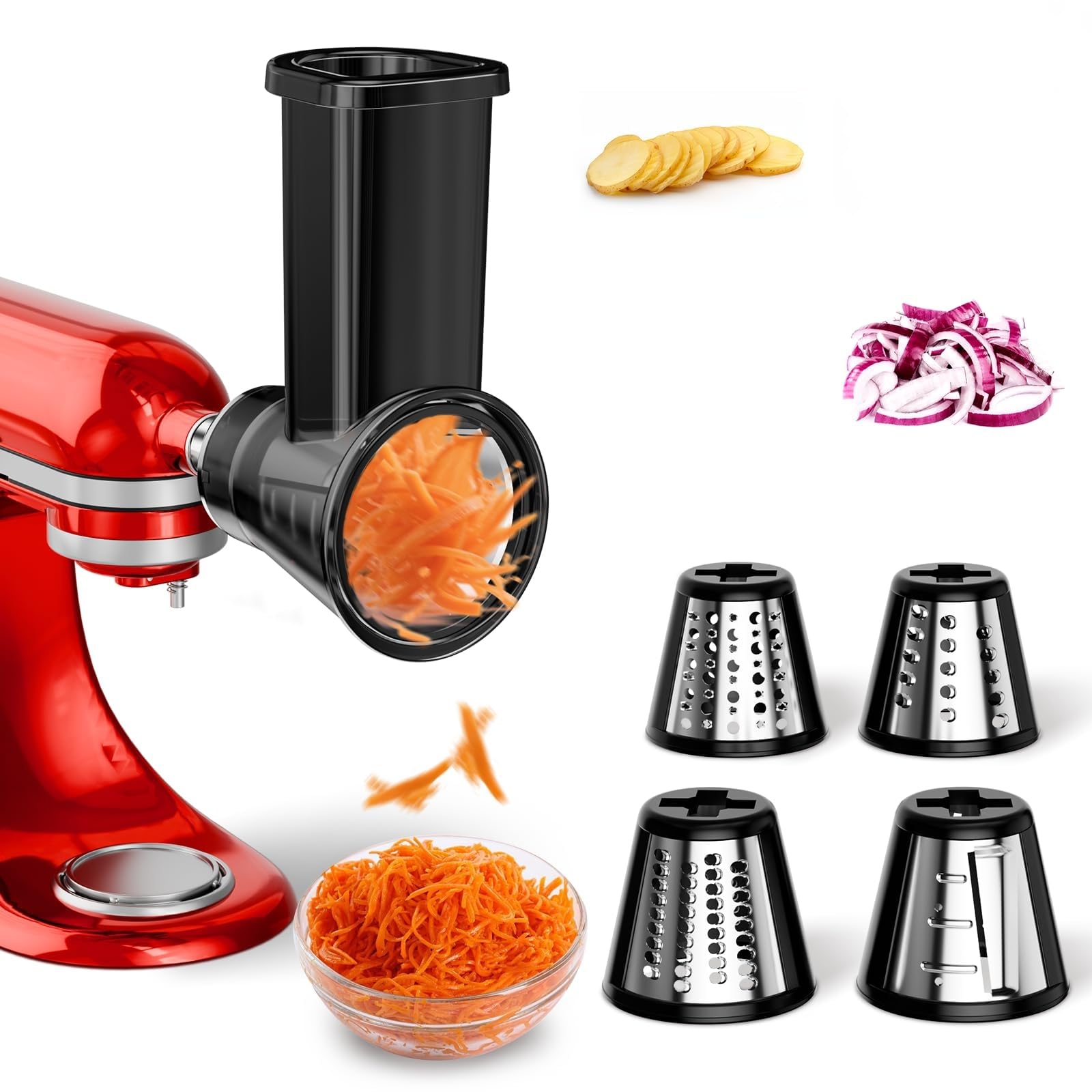 GuanQiao slicer shredder attachment for KitchenAid mixer in black, ready for efficient prep