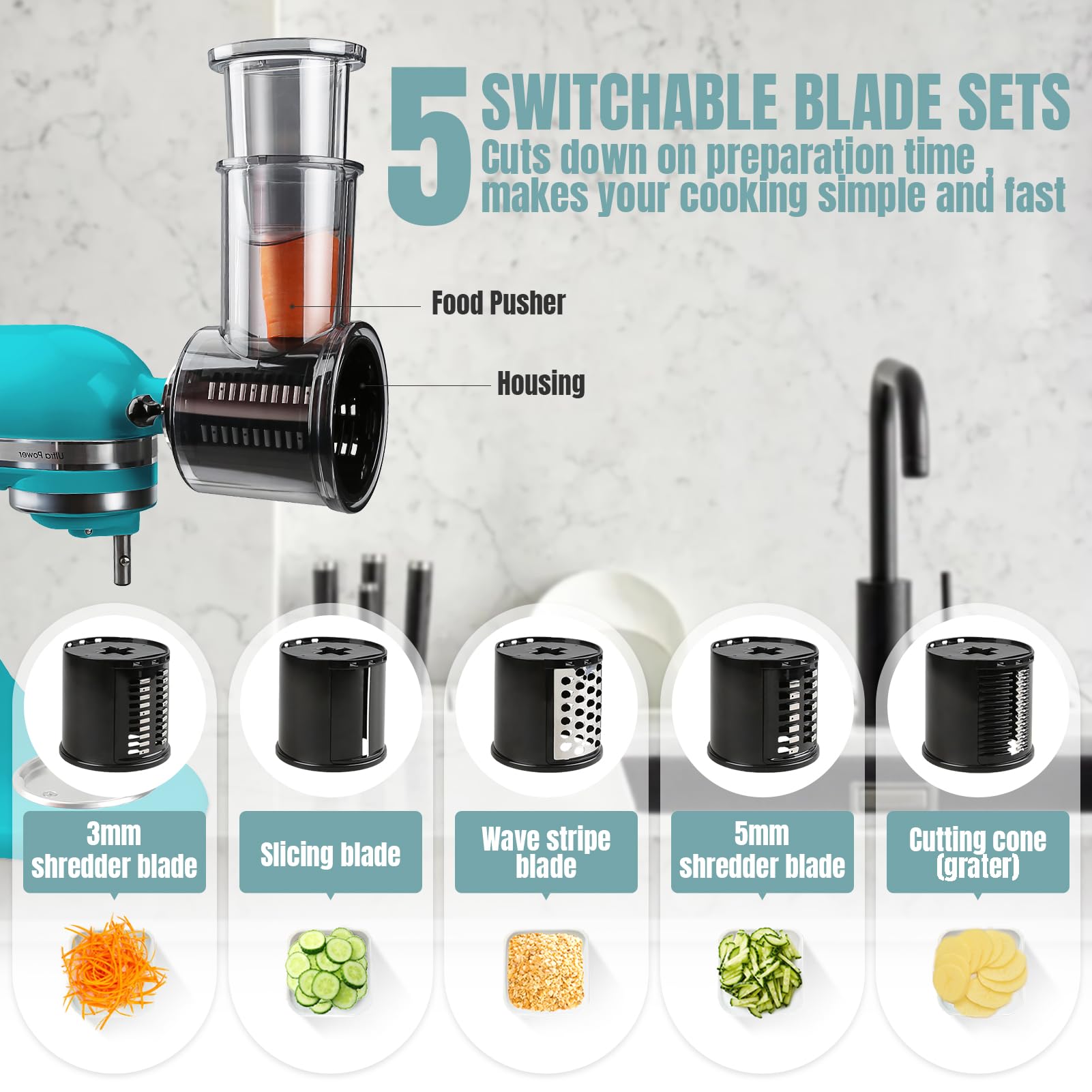 GuanQiao five-blade shredder set for fast shredding of cheese and vegetables.