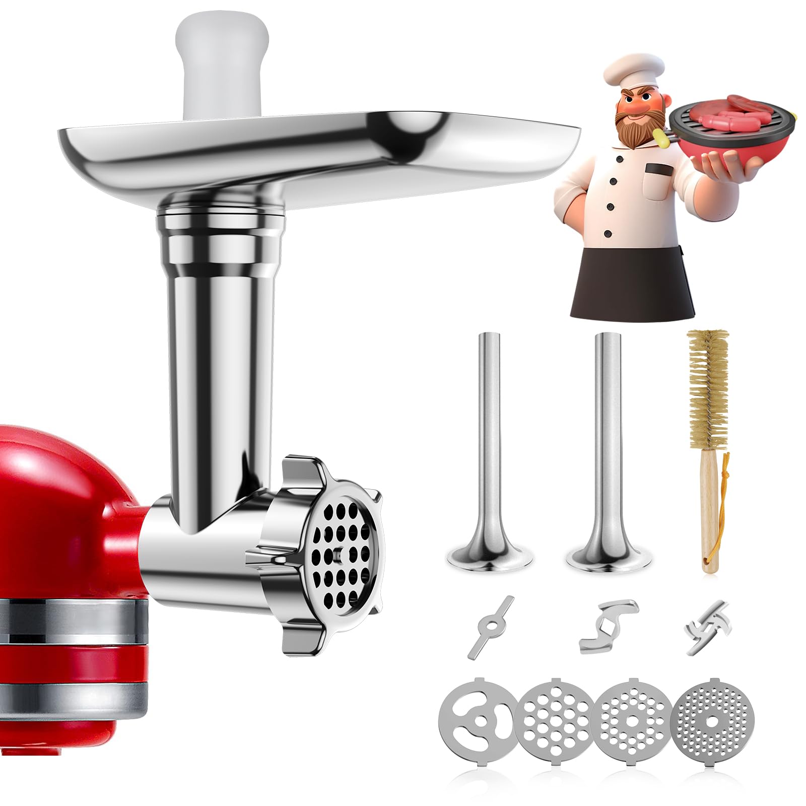GuanQiao metal grinder attachment mounted on a KitchenAid mixer for seamless grinding.
