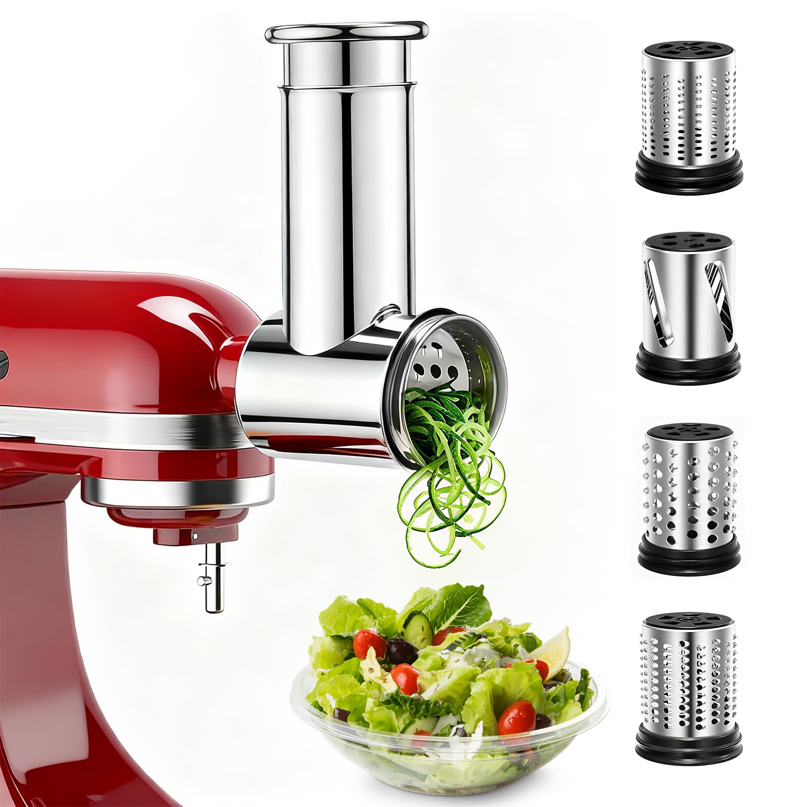 GuanQiao stainless steel slicer attachments mounted on a stand mixer for easy prep.