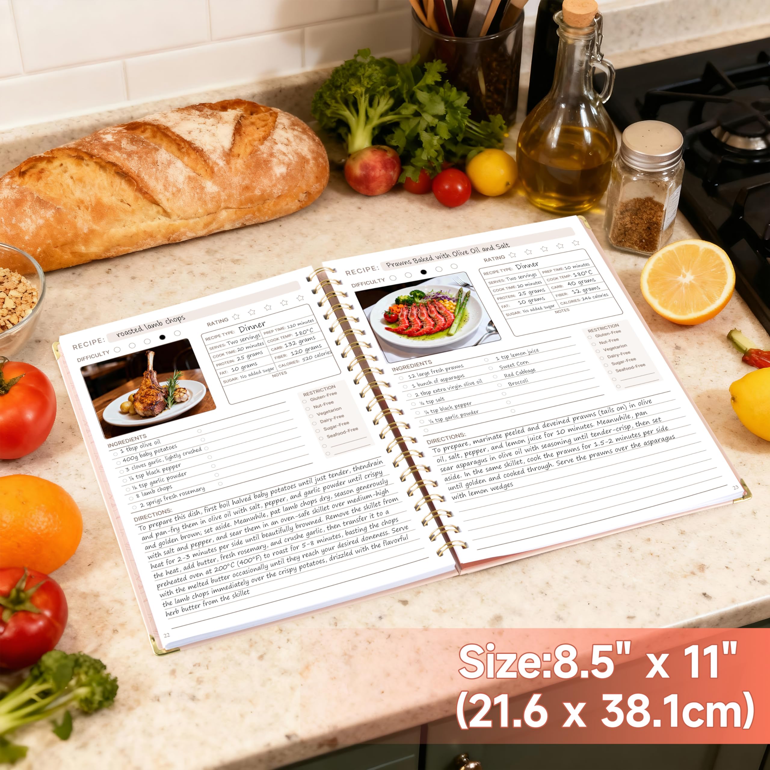 GuassLee recipe pages layout with ingredients, steps, and dietary notes.