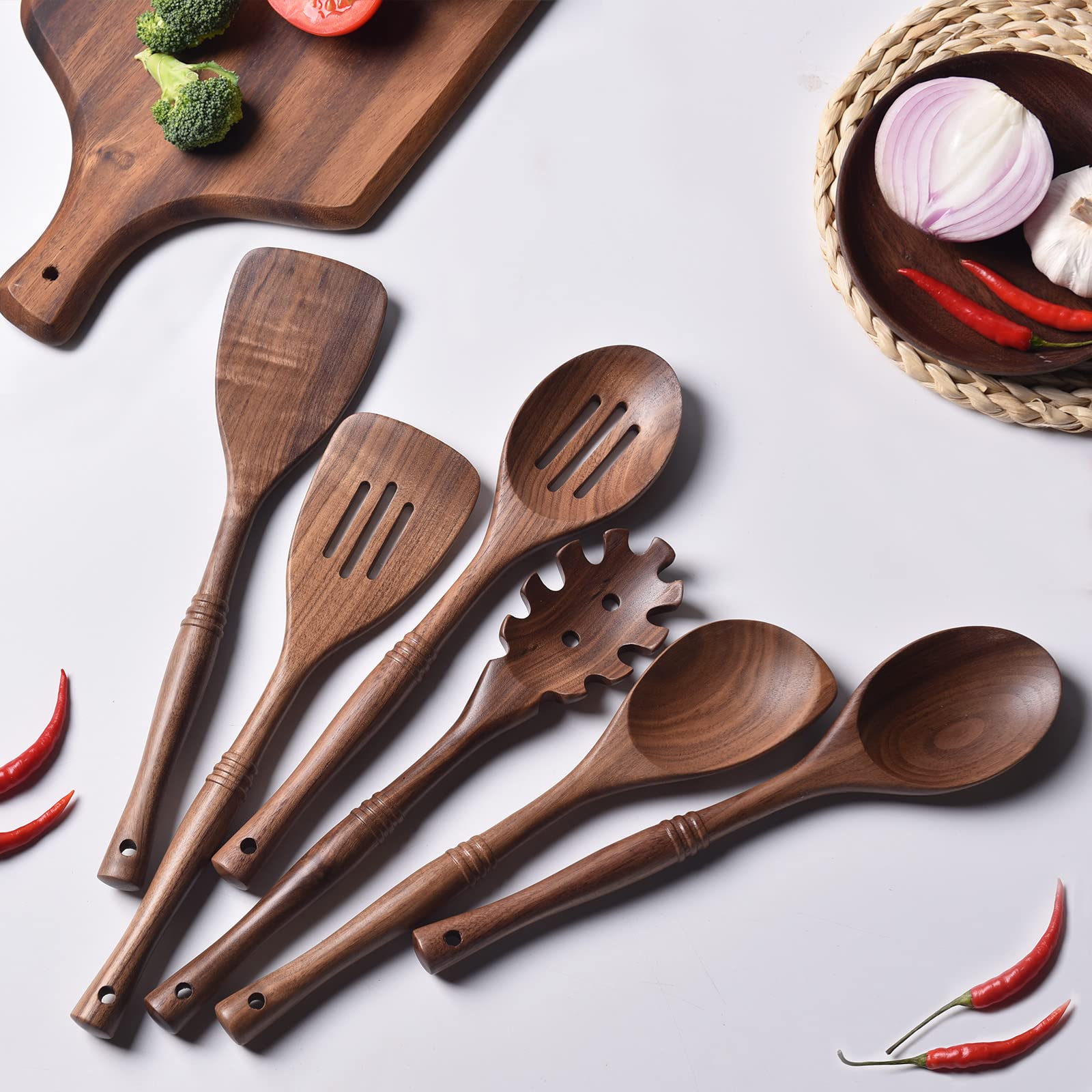 Gudamaye 12-inch slotted spoon in black walnut for draining while sautéing