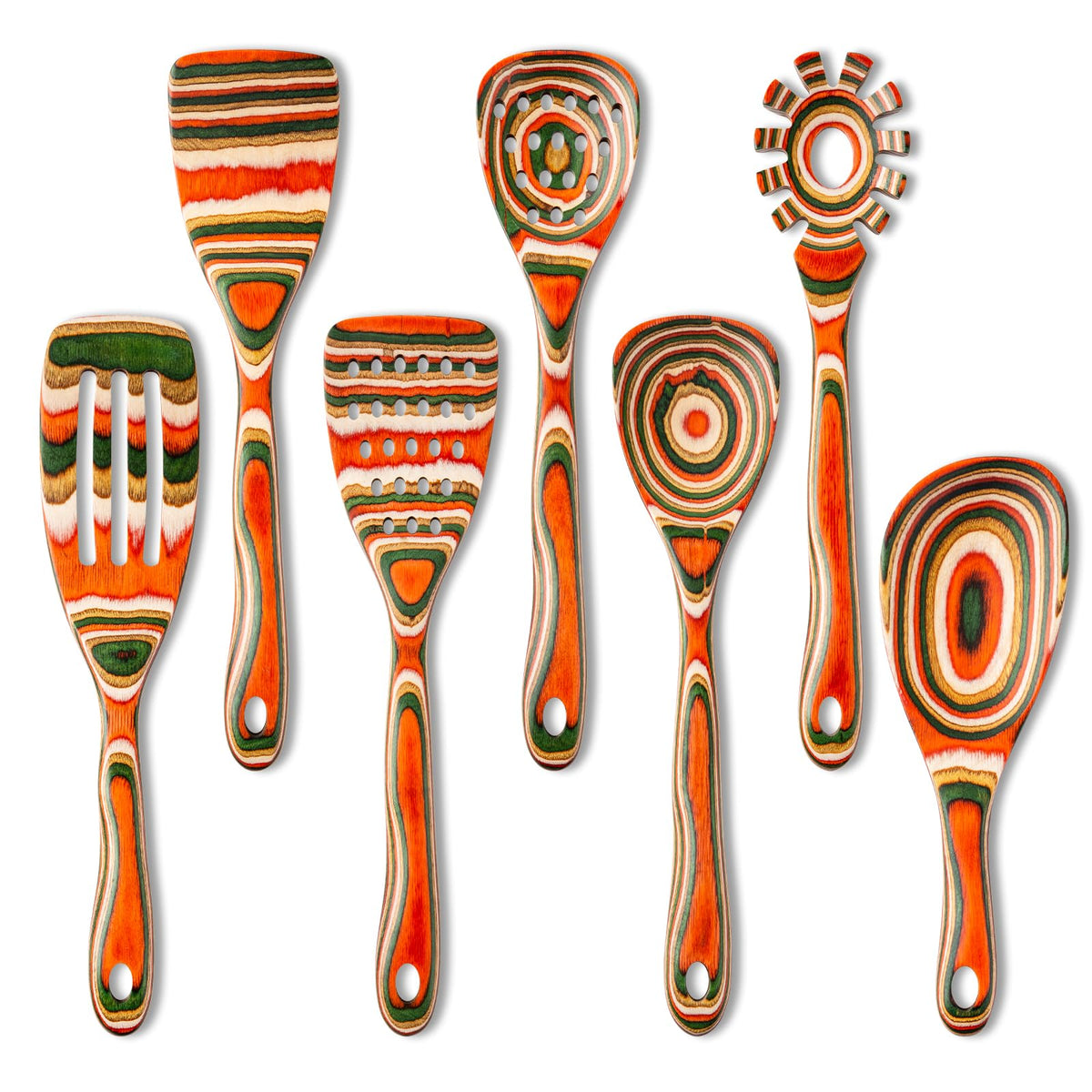 Gudamaye 7-Piece Pakkawood utensils set ready for versatile cooking tasks.