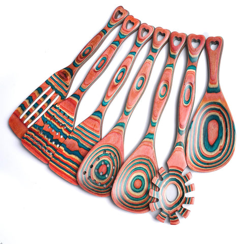 Gudamaye Pakkawood 7-piece set with pinkish-orange spoons, heat resistant and non-scratch.