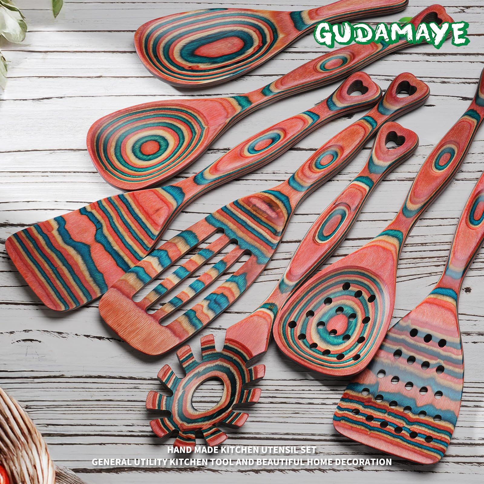 Gudamaye easy-clean pakkawood utensils clean quickly with warm water and mild soap.