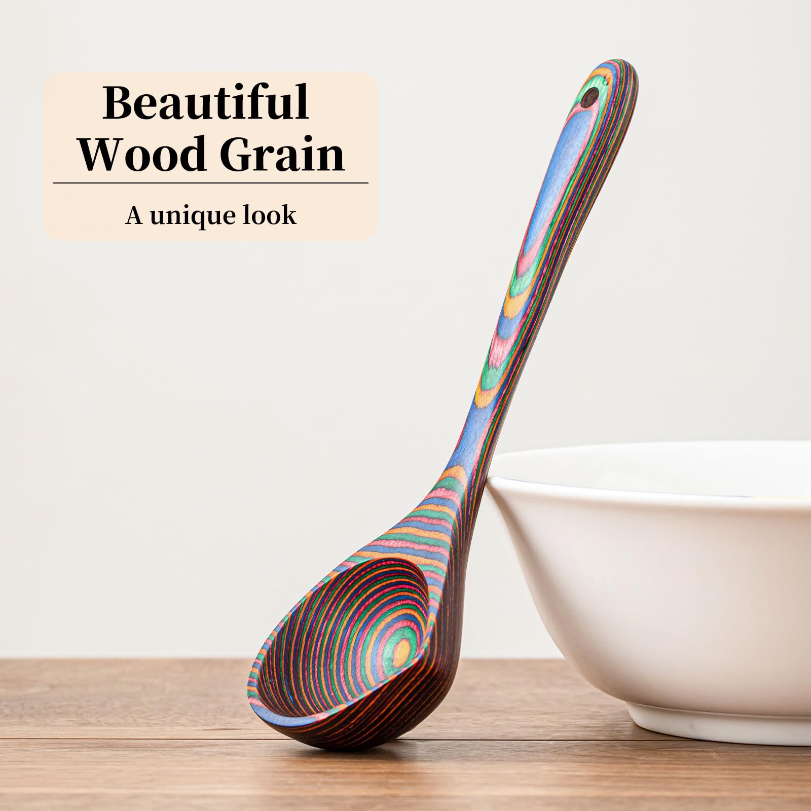 Non-scratch protection with Gudamaye pakkawood rainbow ladle on non-stick pan