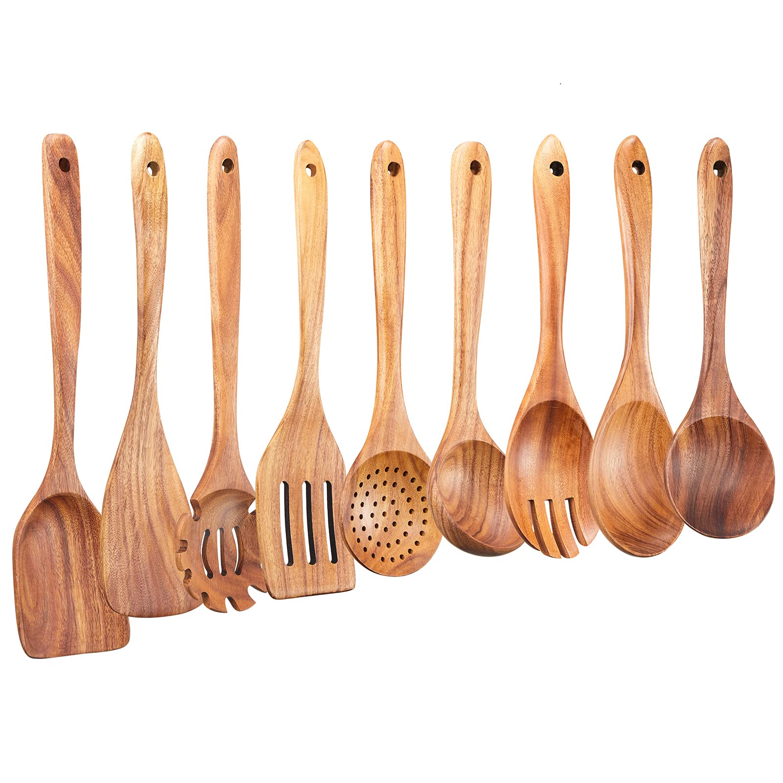 Gudamaye wooden utensils set displayed for versatile cooking in nonstick pans.
