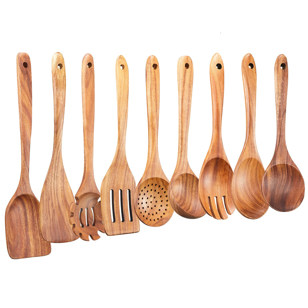 Gudamaye wooden utensils set displayed for versatile cooking in nonstick pans.