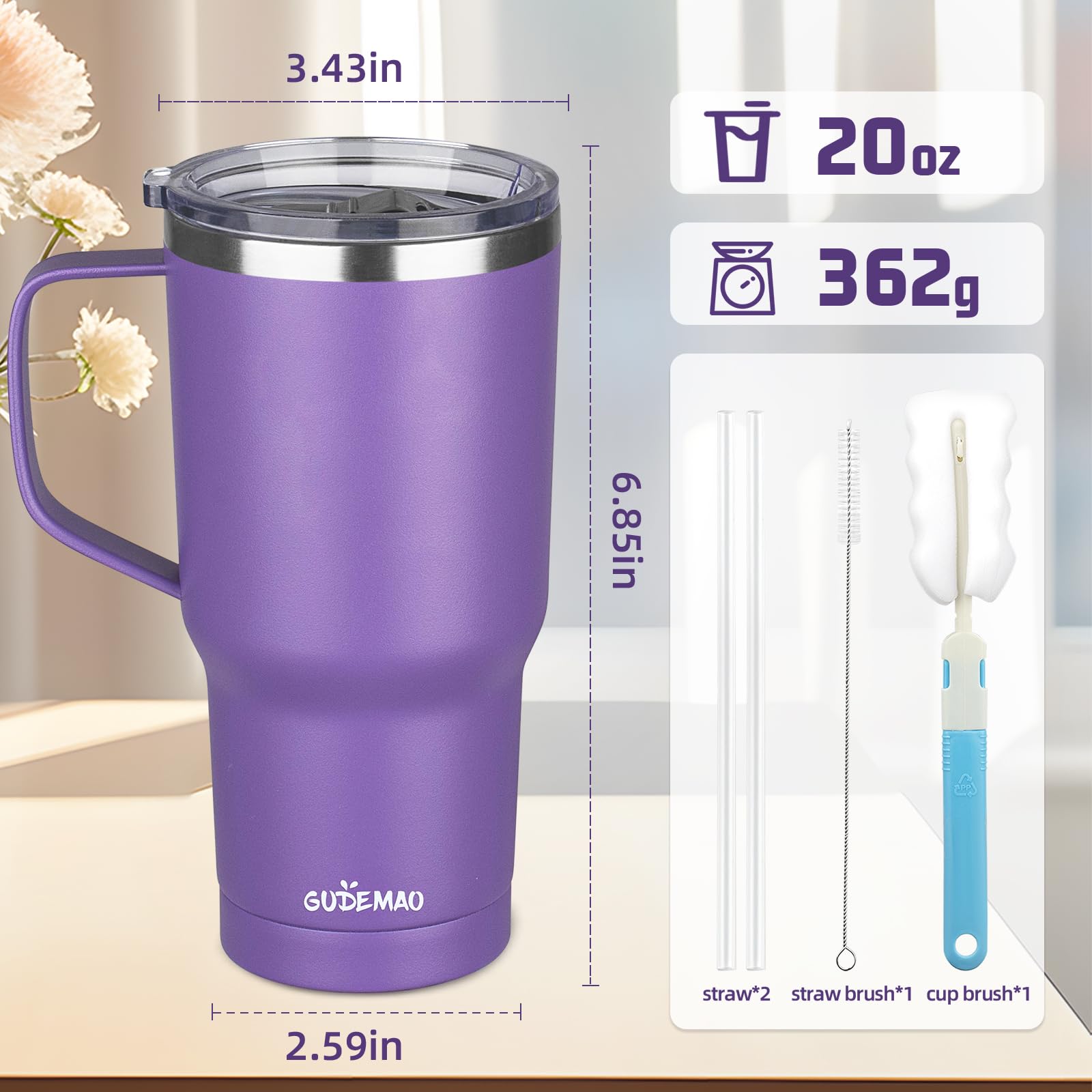 GUDEMAO 20oz mug double-wall-thermal keeps drinks hot or cold longer.