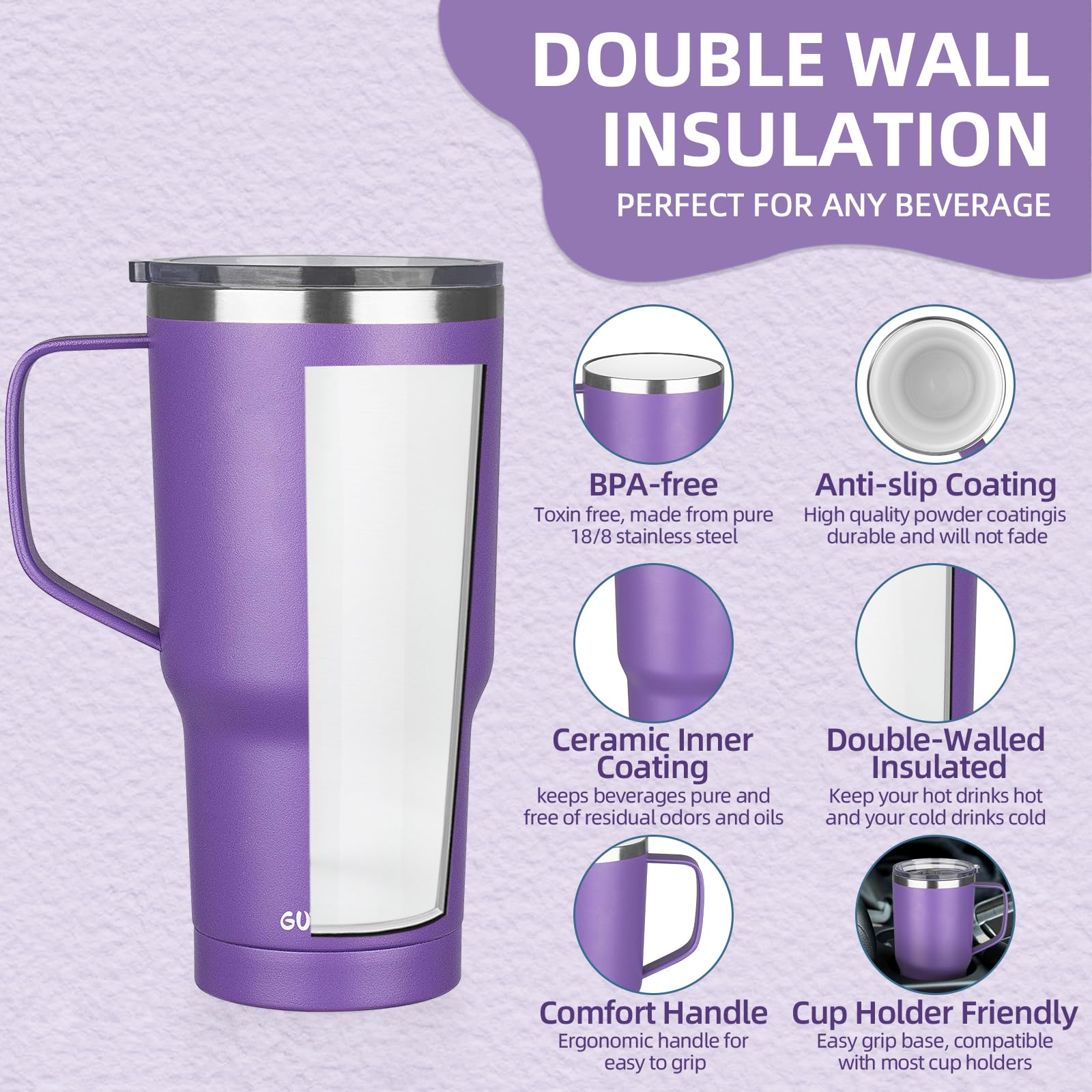 GUDEMAO 20oz mug leak-proof-lid prevents spills on the go.