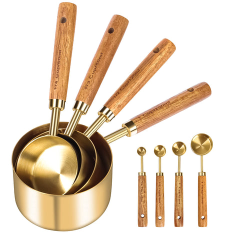 GuDoQi gold measuring cups with wood handle highlight comfortable grip for precise kitchen measuring.