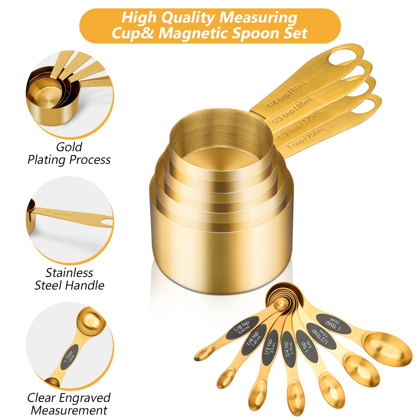 GuDoQi gold magnetic spoons attach for organized storage on magnetic surfaces.