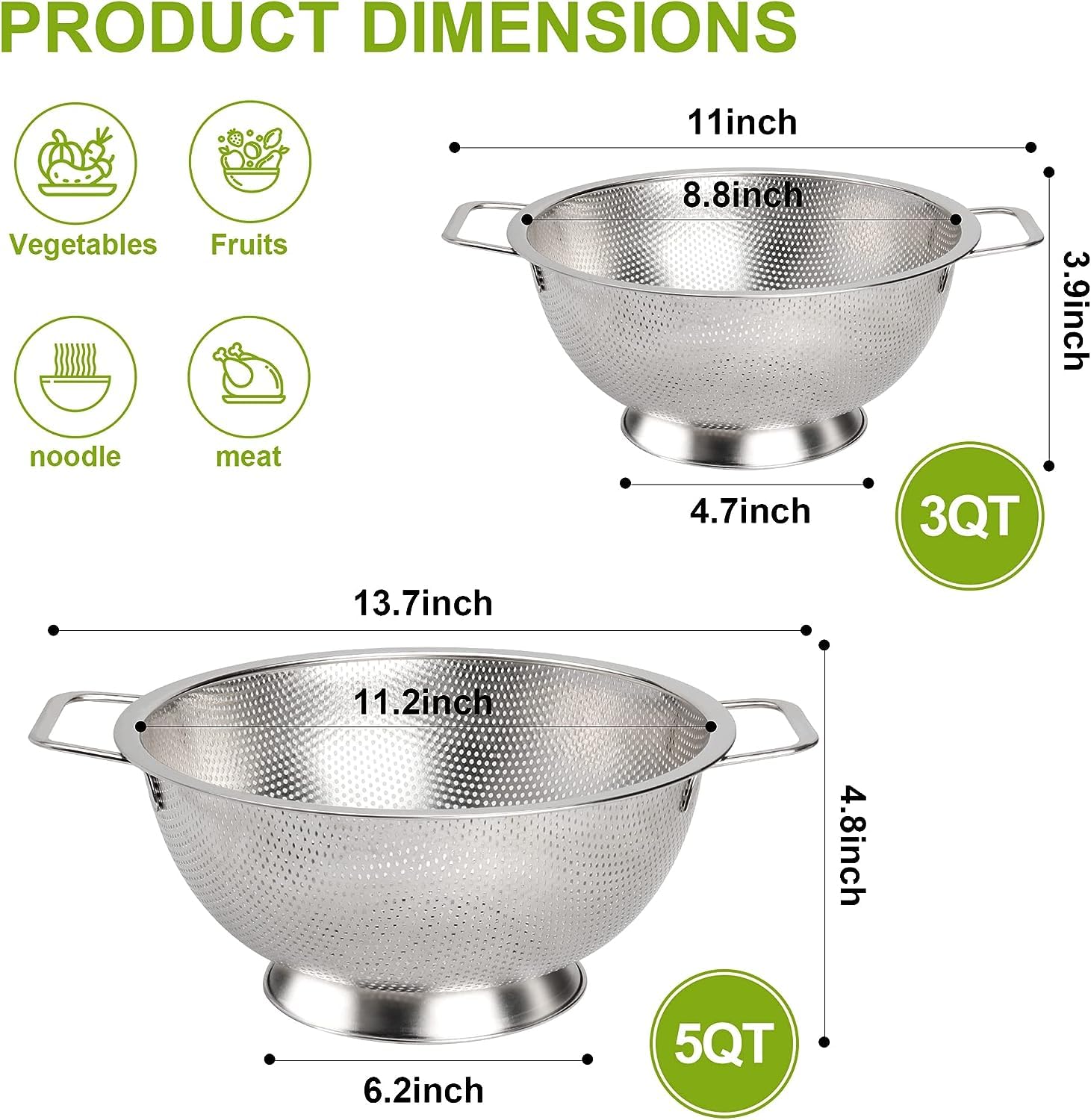 Gulex 5-quart colander side view highlights stable base and tipping resistance