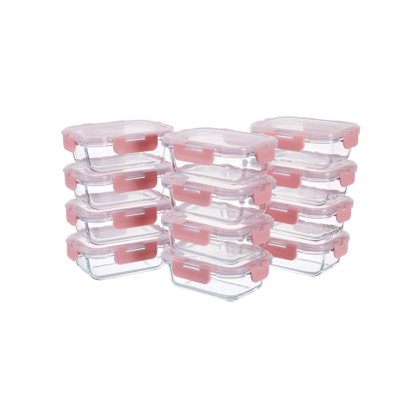 GULFLIN 12-pack rectangular glass containers with airtight pink lids for meal prep.