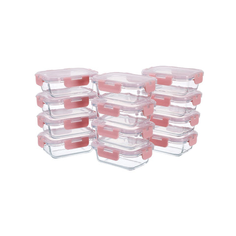 GULFLIN 12-pack rectangular glass containers with airtight pink lids for meal prep.