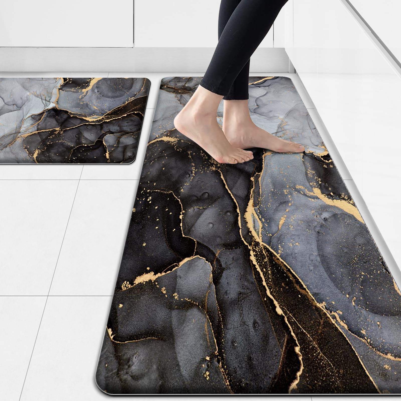GulongYa anti-fatigue kitchen mat 2pc black reduces standing fatigue during cooking.
