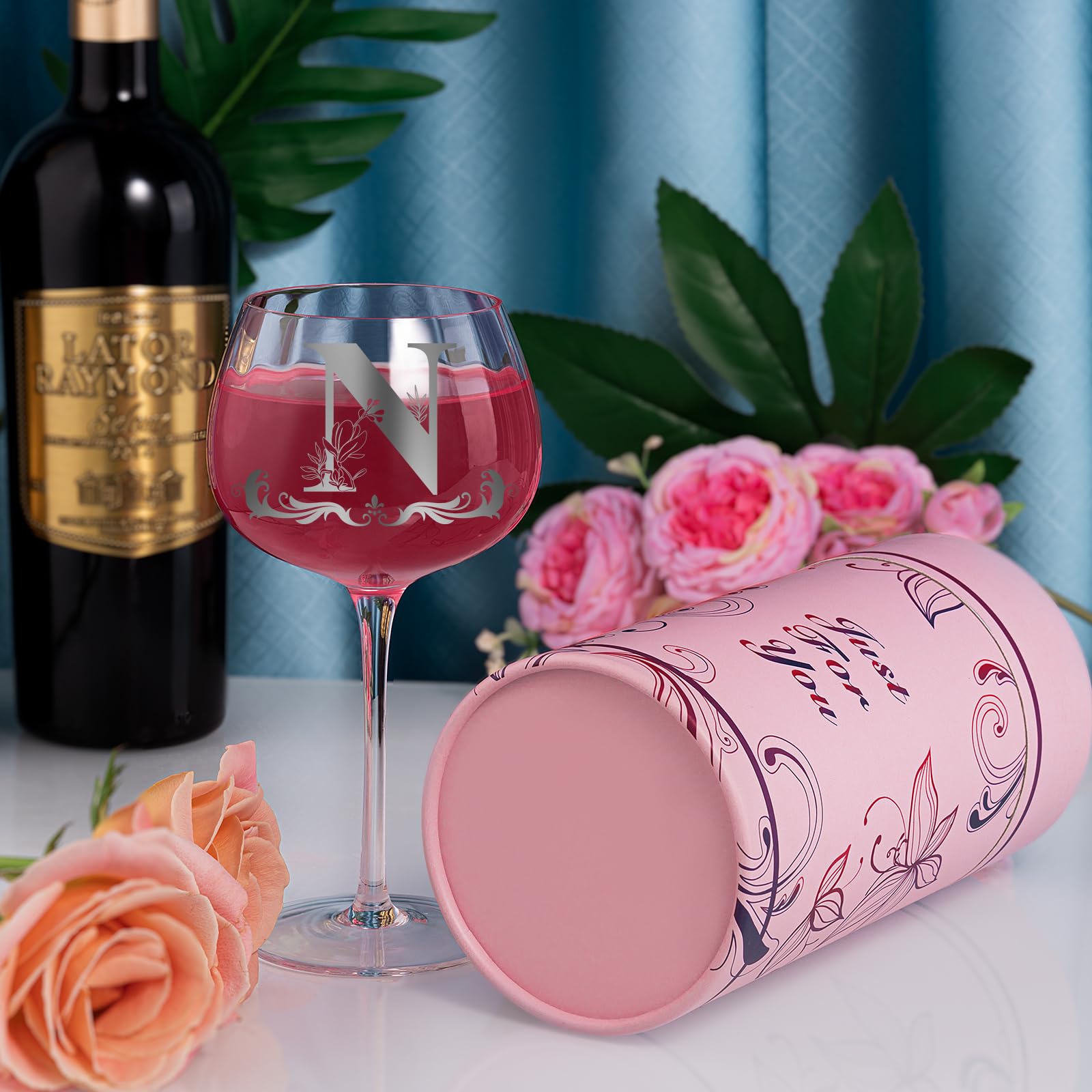 Gift box with Just For You and monogram glass for a thoughtful presentation.