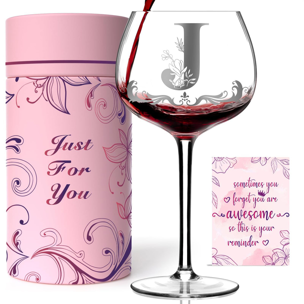Gumry monogram wine glass with initial J for a personalized gift experience.