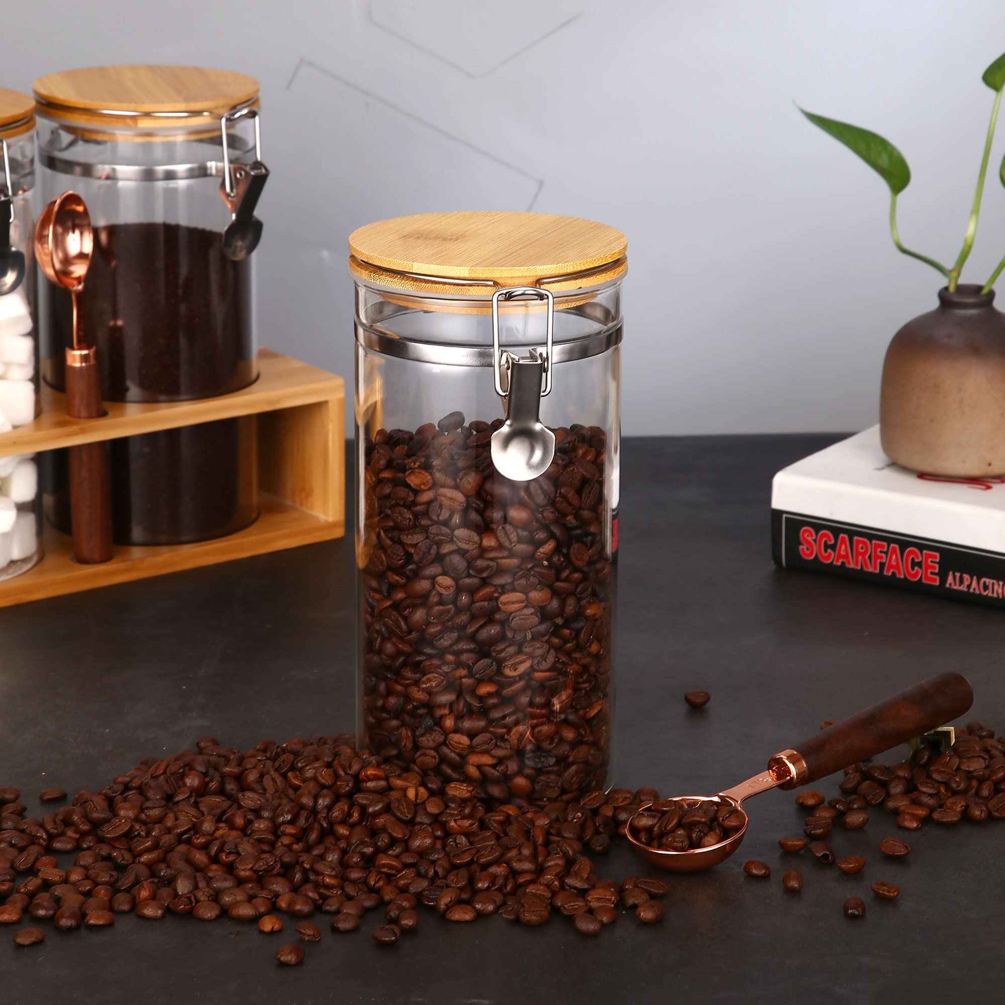 GURUDAR bamboo rack neatly organizes canisters on the countertop.