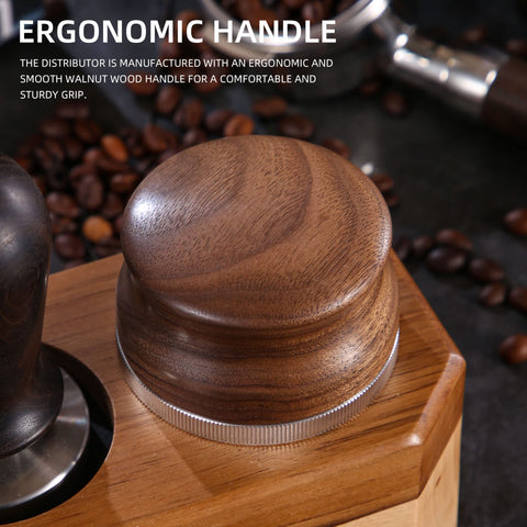 GURUDAR espresso distribution tool with ergonomic walnut grip for comfortable tamping
