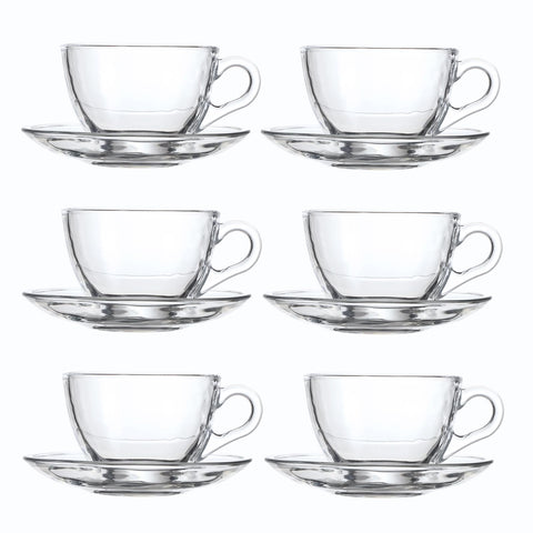 GURUDAR glass teacup and saucer set 6-pack on table, ideal for home tea service
