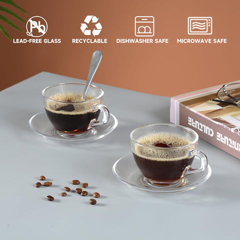 GURUDAR glass teacup and saucer set neatly stacked for space saving storage